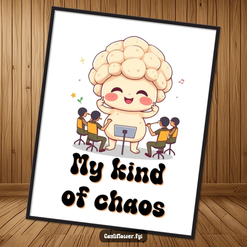 Funny cauliflower conducting a symphony with tiny sprouts for arms, a whimsical and humorous wall art poster.