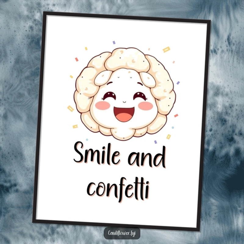 Funny poster of a cauliflower face with rosy cheeks and a wide smile, joyfully throwing confetti all around.