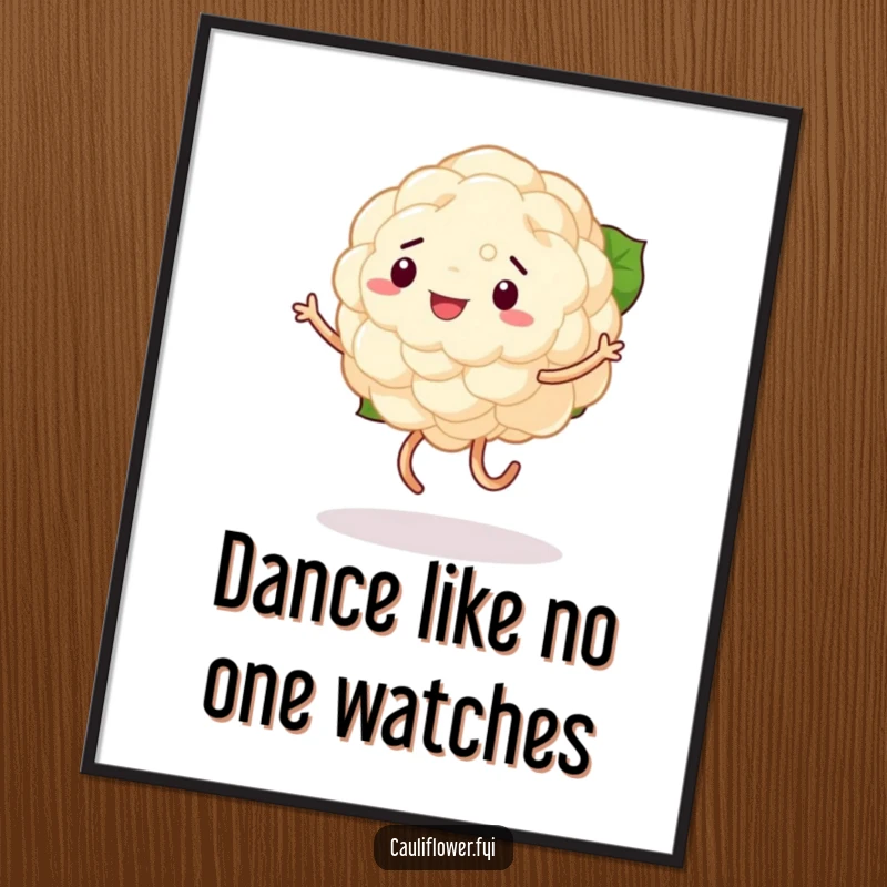 Funny poster depicting a cauliflower enthusiastically dancing with wobbly, uneven legs, capturing a moment of pure, uninhibited vegetable revelry.
