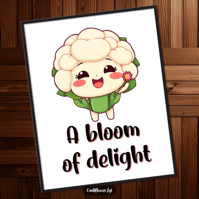 Funny poster art of a cauliflower character with a delighted expression, offering a tiny, sparkling flower.