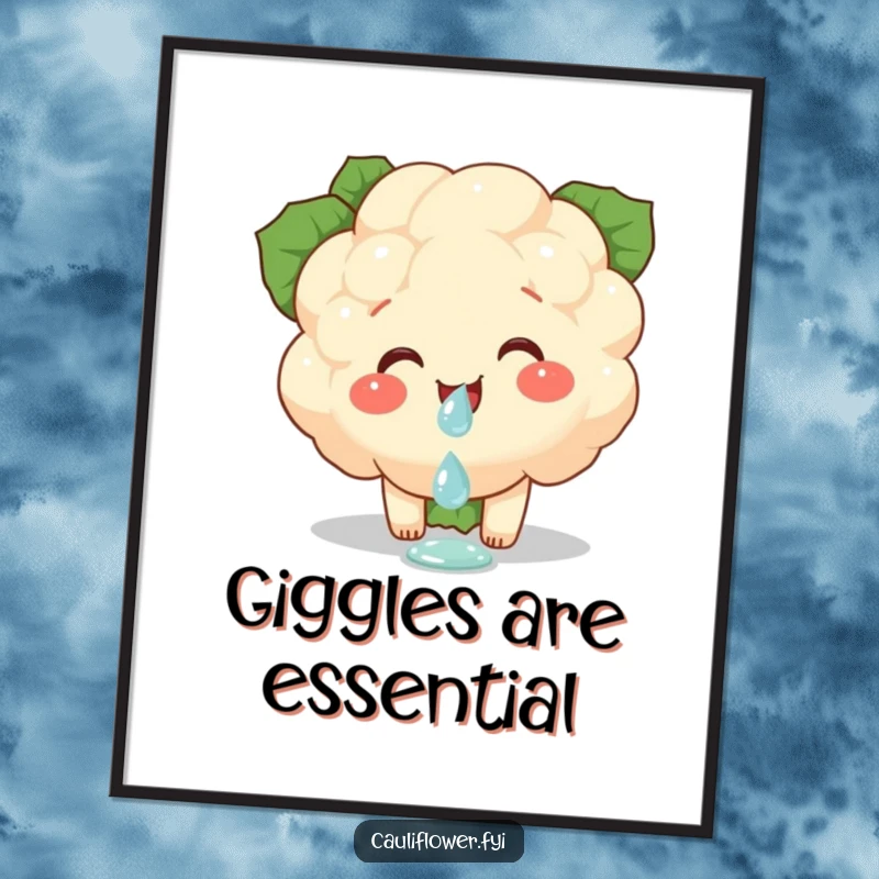 Funny poster of a cauliflower piece giggling while balancing a dewdrop, perfect for adding delicate and humorous artistic touches.
