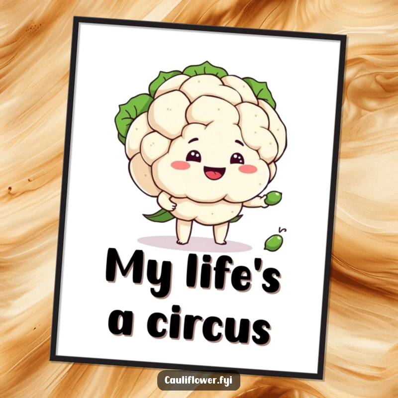 Funny cauliflower attempting to juggle three tiny peas with a silly grin, a humorous wall art poster.