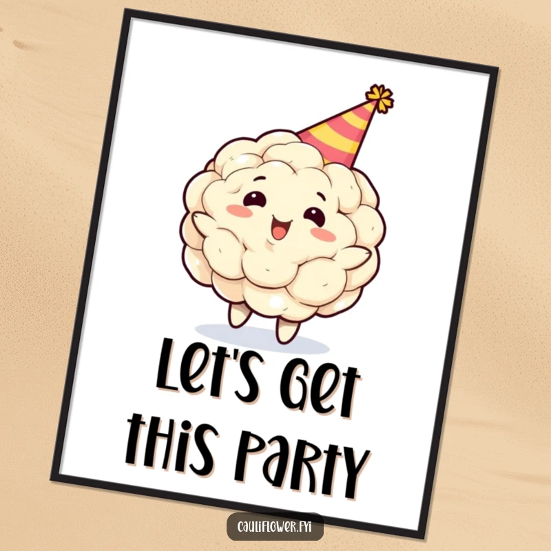 Funny cauliflower character wearing a party hat, spinning gleefully on a poster, creating a dynamic and joyful visual that adds humor to wall decor.