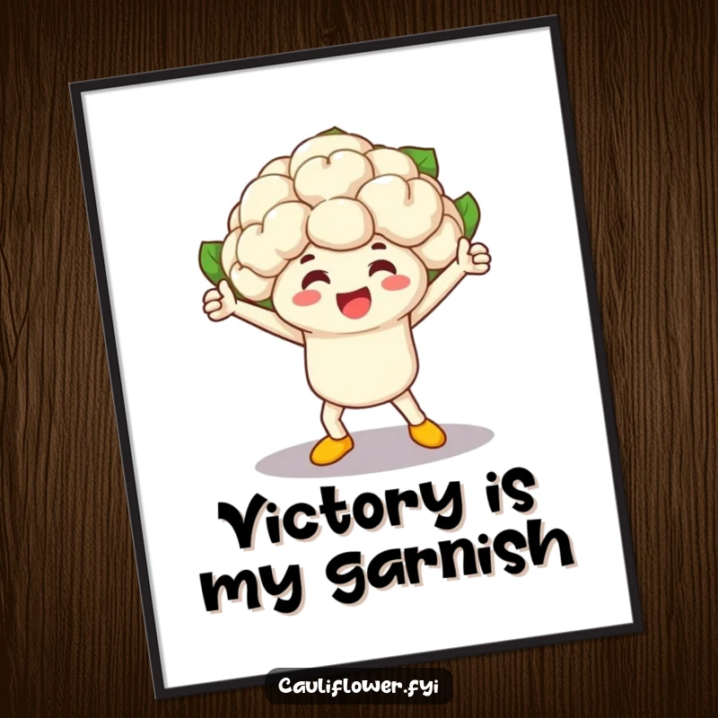 Funny cauliflower character in a triumphant pose after winning a vegetable race, presented as a vibrant and humorous poster.