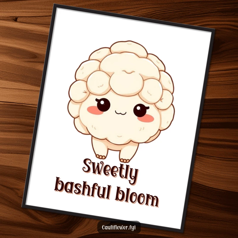 Funny poster of a shy kawaii cauliflower blushing with rosy cheeks, creating a sweet and bashful ambiance for wall art.