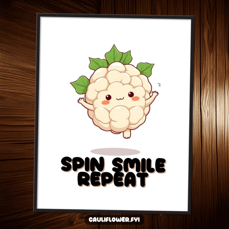 Funny poster of a kawaii cauliflower performing a comical pirouette with leaves swirling artfully around it.