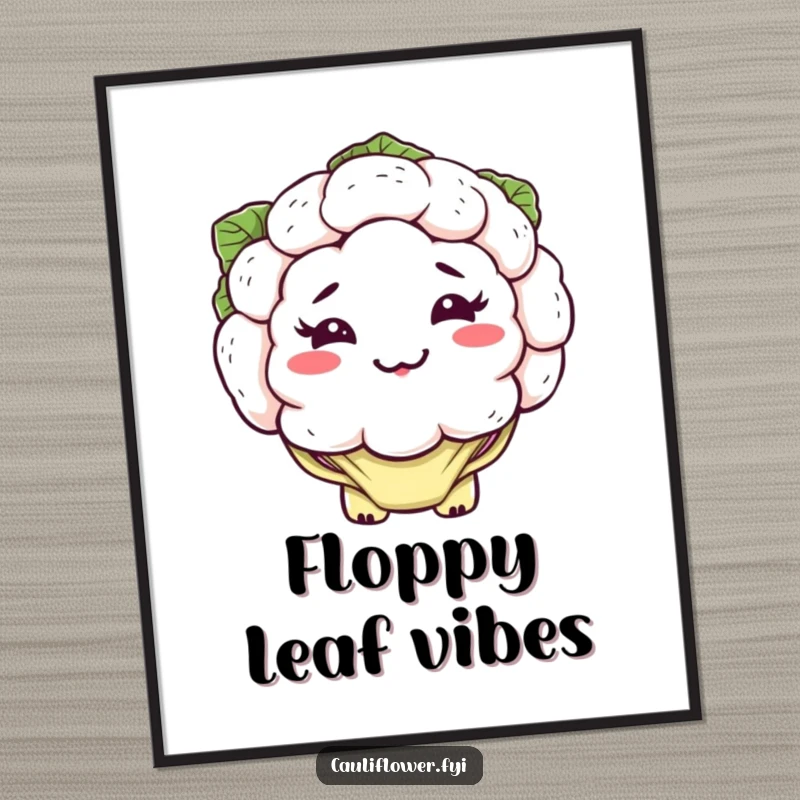 Funny kawaii cauliflower poster featuring a silly, lopsided grin and floppy leaves, humorous wall art.