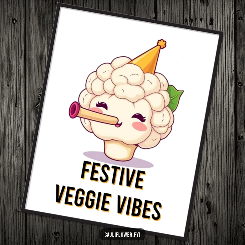 Funny Cauliflower Poster of a festive veggie wearing a party hat and blowing a horn, bringing celebratory humor to walls.