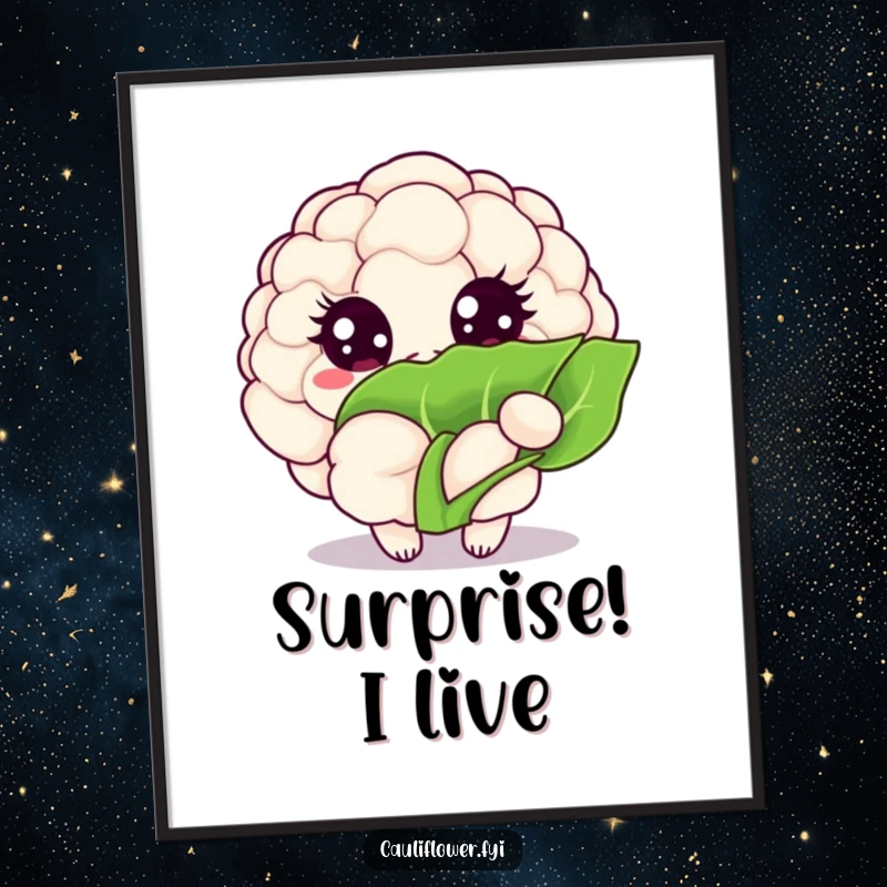 Funny Kawaii cauliflower poster art of a veggie with big, sparkling eyes peeking from behind a vibrant green leaf.