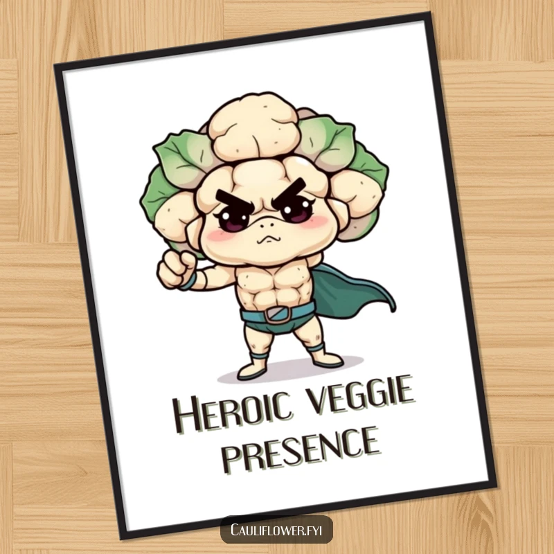Funny Cauliflower Poster of a determined veggie hero striking an epic superhero pose, bringing motivational humor to any wall space.