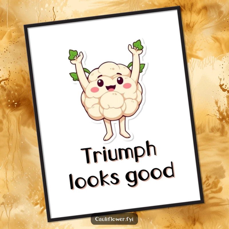 Funny cauliflower with sprout arms raised in pure triumph, a celebratory print embodying success and joy.