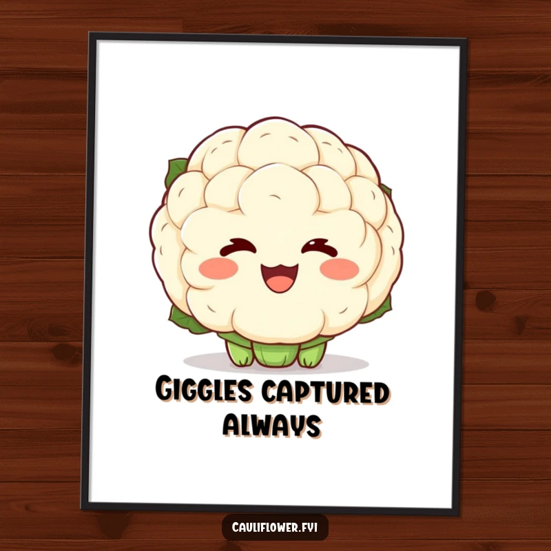 Funny poster of a kawaii cauliflower with exaggerated laughter lines, radiating pure delight and infectious happiness for wall decor.