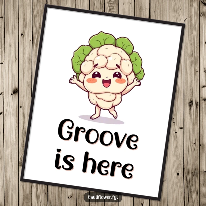 Funny poster of a cauliflower character performing a comical dance, florets wobbling dynamically, showcasing pure, energetic fun.