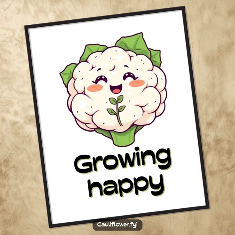 Funny poster art of a smiling cauliflower with a happy tiny cauliflower seedling sprouting, symbolizing growth and family joy.