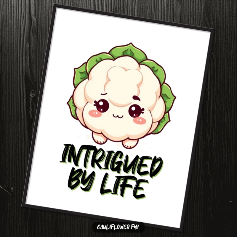 Funny kawaii cauliflower poster featuring sparkling eyes and a raised eyebrow, humorous and sassy wall art.