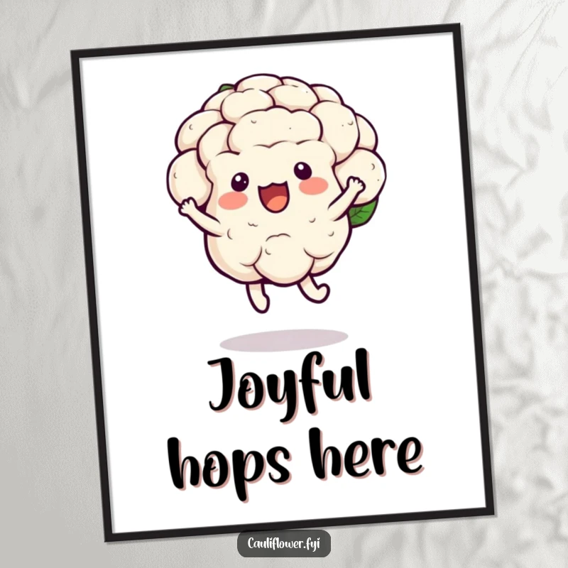 Funny kawaii cauliflower poster showing a joyful hop with a bounce, humorous and uplifting wall art.