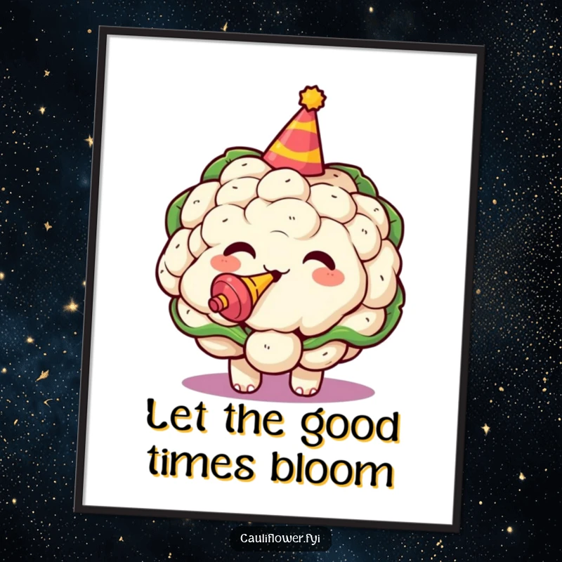 Funny poster showcasing an exuberant kawaii cauliflower in a party hat, celebrating with a noisemaker.