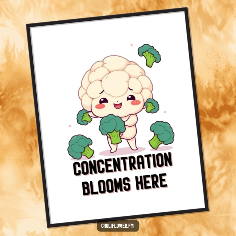 Funny poster showcasing a cheerful kawaii cauliflower juggling small broccoli florets with impressive concentration.