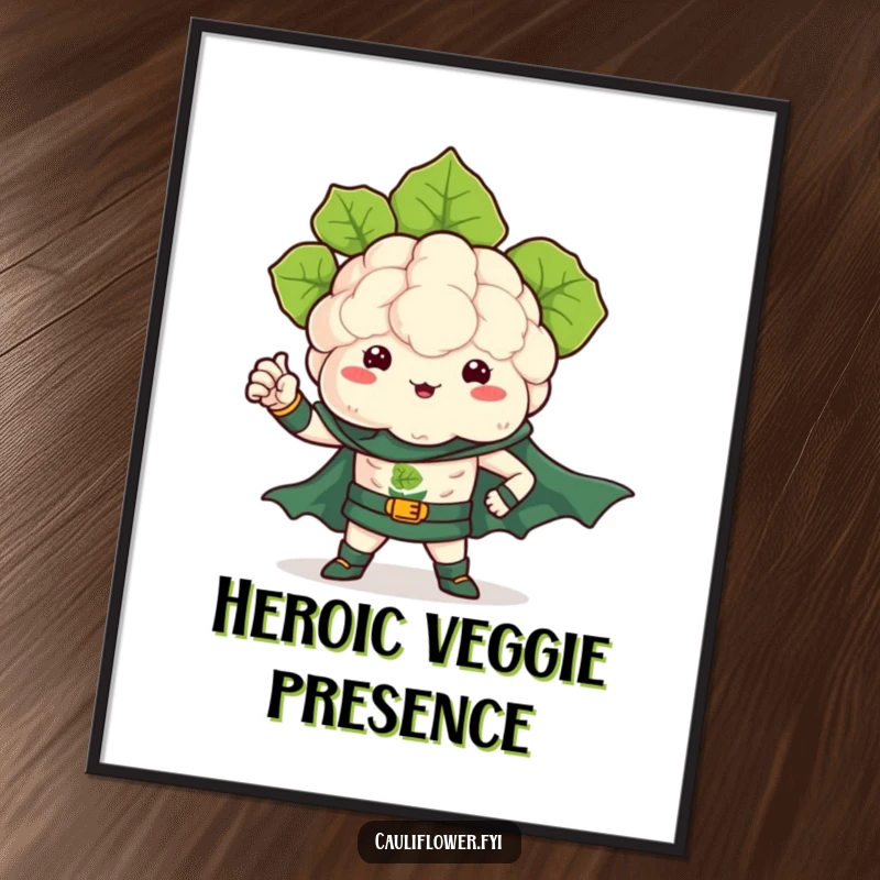 Funny poster showcasing a kawaii cauliflower in a superhero costume, flexing a tiny leafy arm with determination.