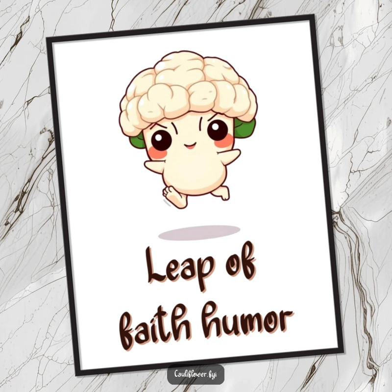 Funny poster showcasing a dynamic cauliflower with tiny feet leaping joyfully, ideal for adding humorous energy to wall art collections.
