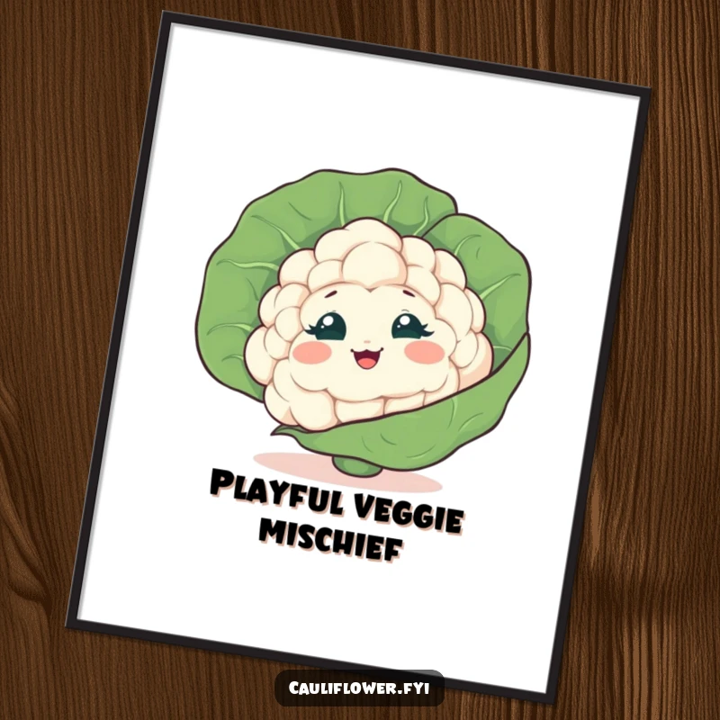 Funny Cauliflower Poster of a shy veggie peeking from behind a leaf, captured mid-giggle, bringing playful humor to walls.