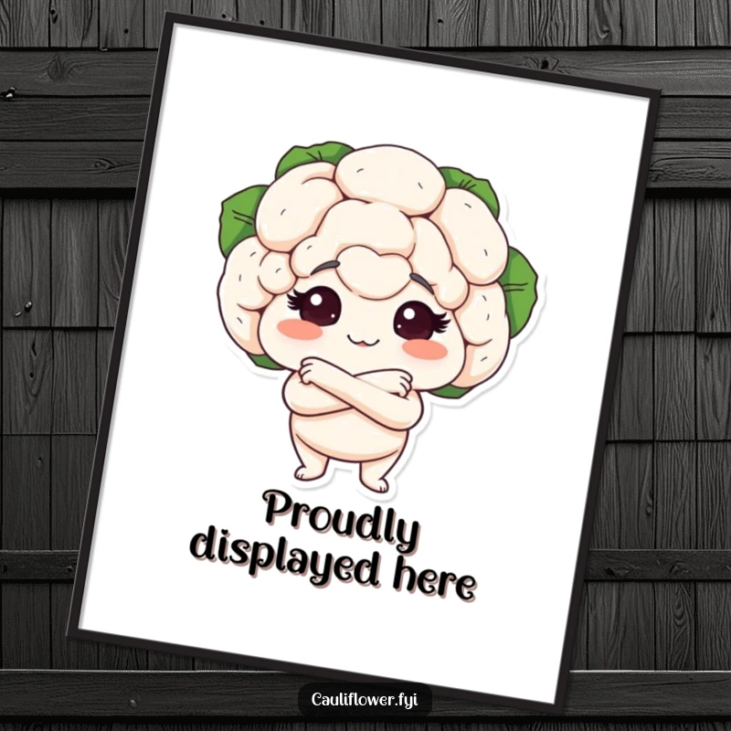 Funny poster of a cauliflower head with its small arms crossed, looking supremely proud, ideal for bold and humorous wall art.