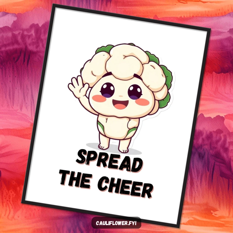 Funny poster art of a cauliflower character with big, happy eyes performing a silly wave, bringing a friendly and humorous atmosphere.