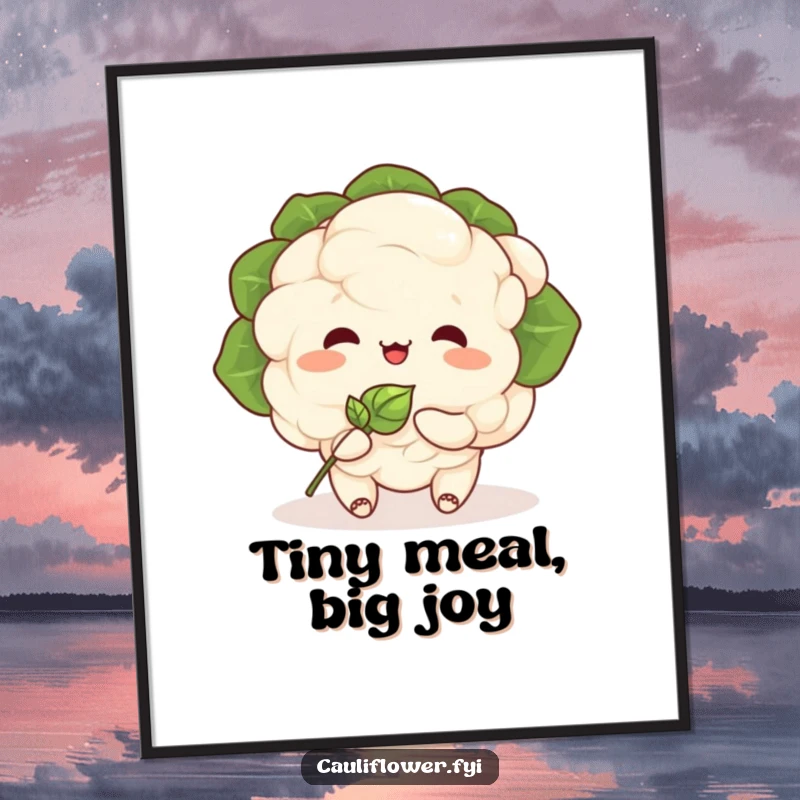 Funny Kawaii cauliflower character joyfully eating a tiny, smiling sprout, presented as a heartwarming digital art print.