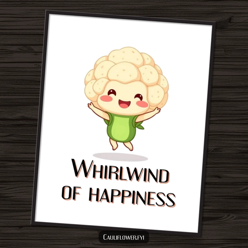 Funny poster illustrating a smiling cauliflower floret in a graceful pirouette, perfect for adding artistic and humorous touches to walls.