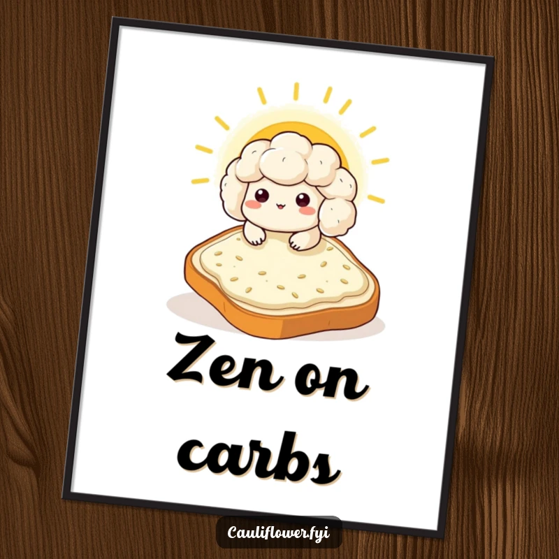 Funny Kawaii cauliflower enjoying the sun on a giant toast slice, a humorous and artistic poster.