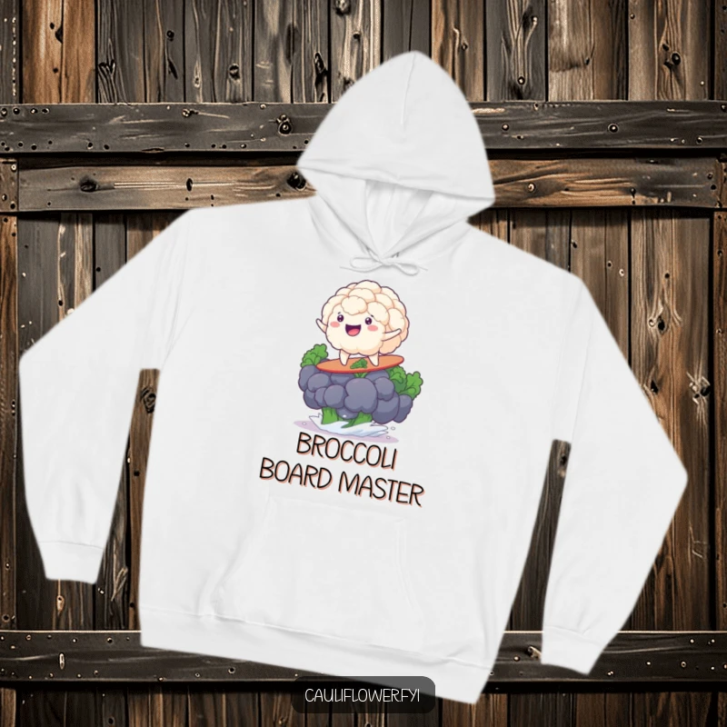 Funny cauliflower grinning widely, surfing a giant broccoli floret, perfect for staying warm and stylish on chill days.