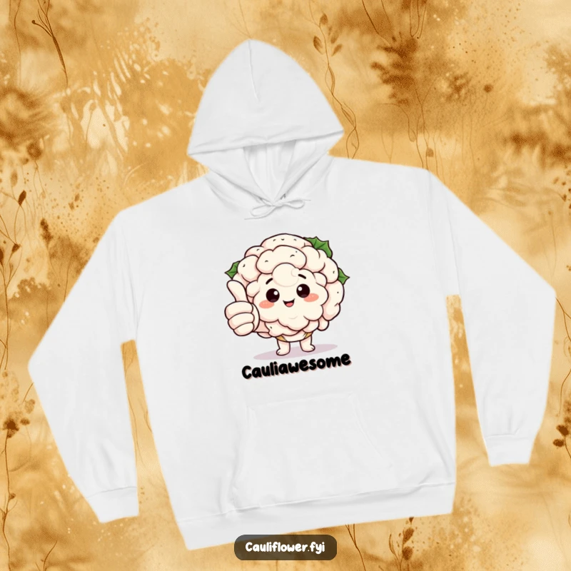 Funny Kawaii Cauliflower Hoodie: A warm sweatshirt featuring a cauliflower character giving a prominent thumbs up with exaggeratedly large fingers, radiating positivity.