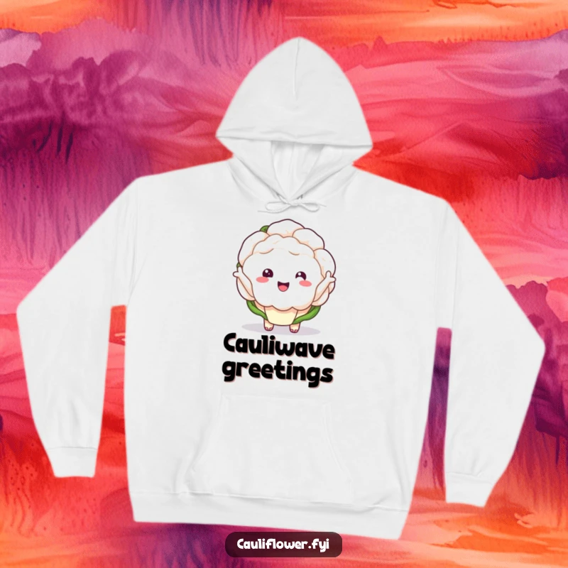 Funny kawaii cauliflower with tiny arms waving enthusiastically on a hoodie.