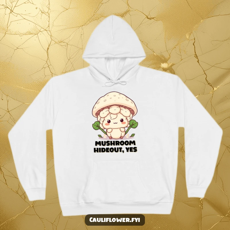 Funny Kawaii cauliflower hiding behind a giant mushroom cap, a cozy and humorous hoodie.