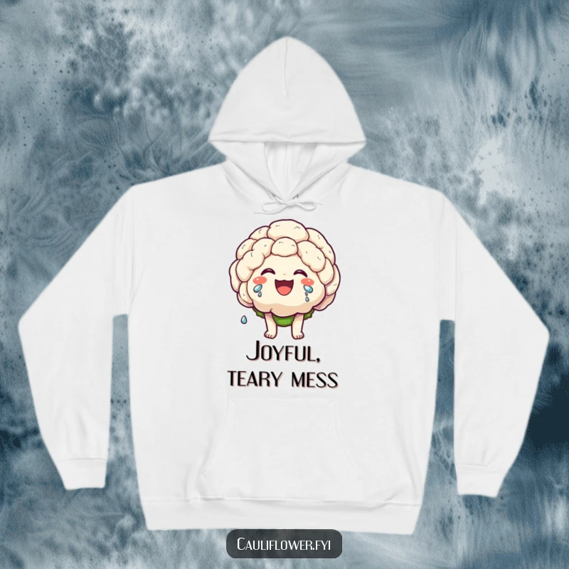 Funny hoodie showing a kawaii cauliflower character laughing heartily, with tears of joy streaming down, spreading hilarious vibes.