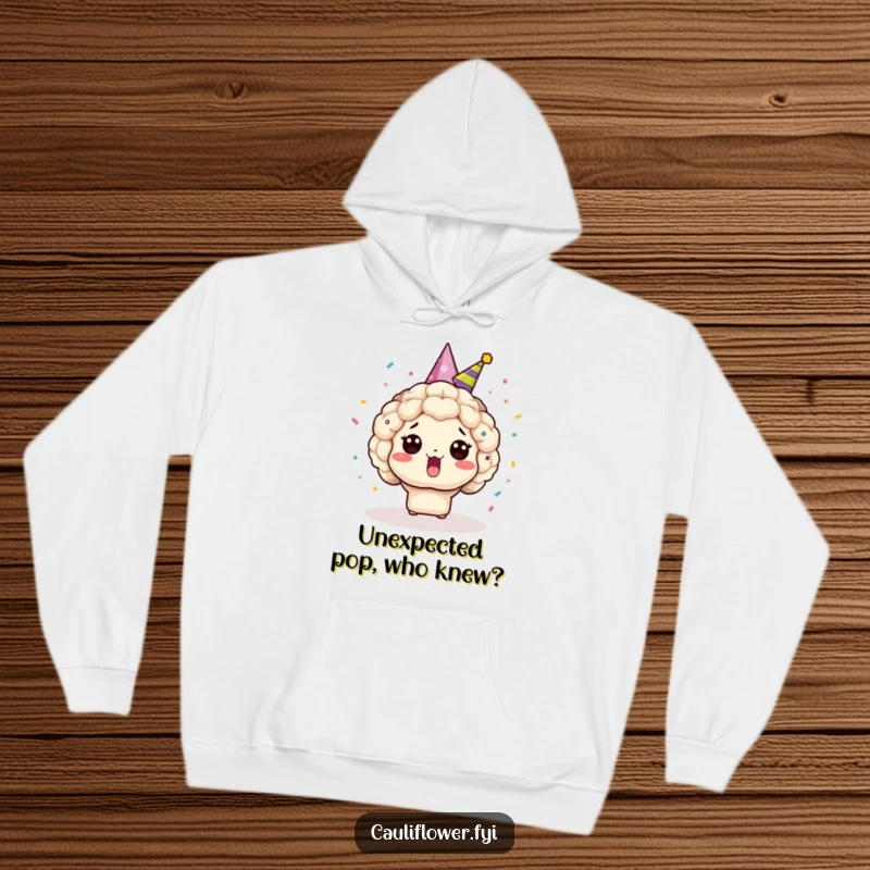 Funny surprised Kawaii cauliflower in a party hat, bursting with confetti, a cozy and humorous hoodie.