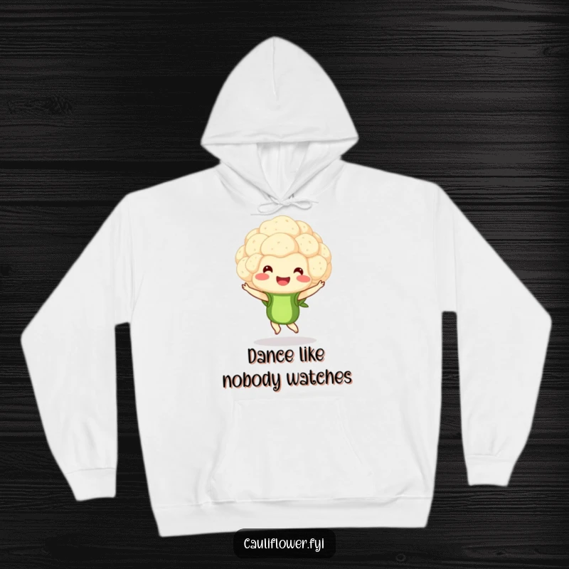 Funny hoodie with a smiling cauliflower floret gracefully pirouetting, offering warmth and whimsical dance-inspired charm.