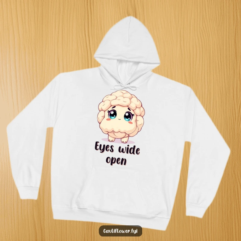 Funny hoodie showcasing a happy cauliflower character looking upwards with wide, sparkling eyes, lost in a moment of pure awe.