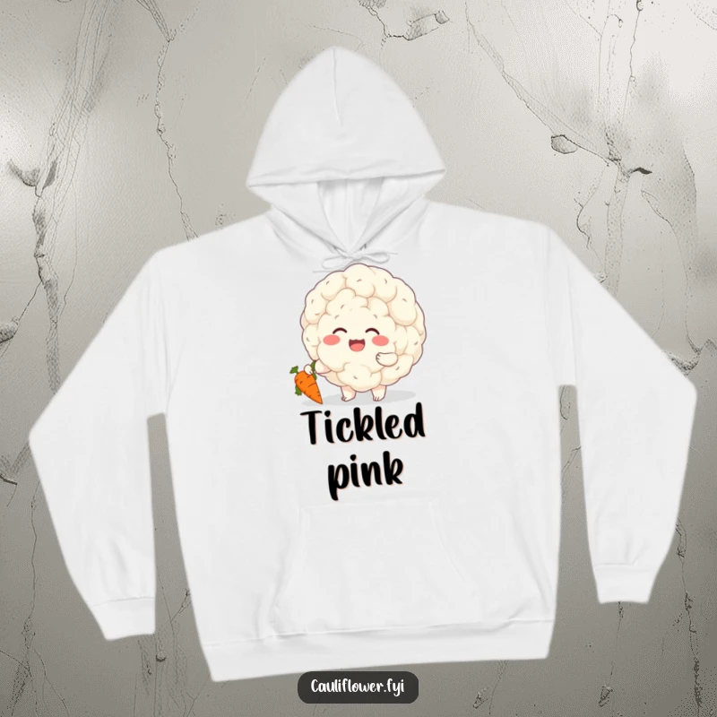 Funny hoodie showing a cheerful cauliflower tickling a giggling carrot, offering comfort and a dose of veggie friendship.