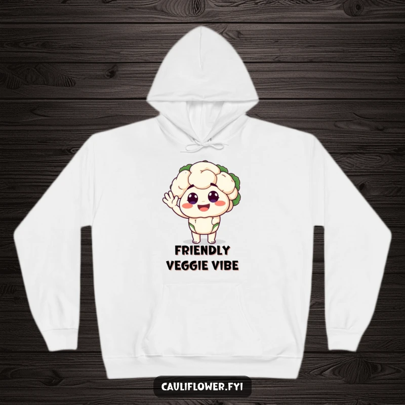 Funny hoodie featuring a cauliflower character with big, happy eyes performing a silly wave, offering cozy comfort and cheerful vibes.