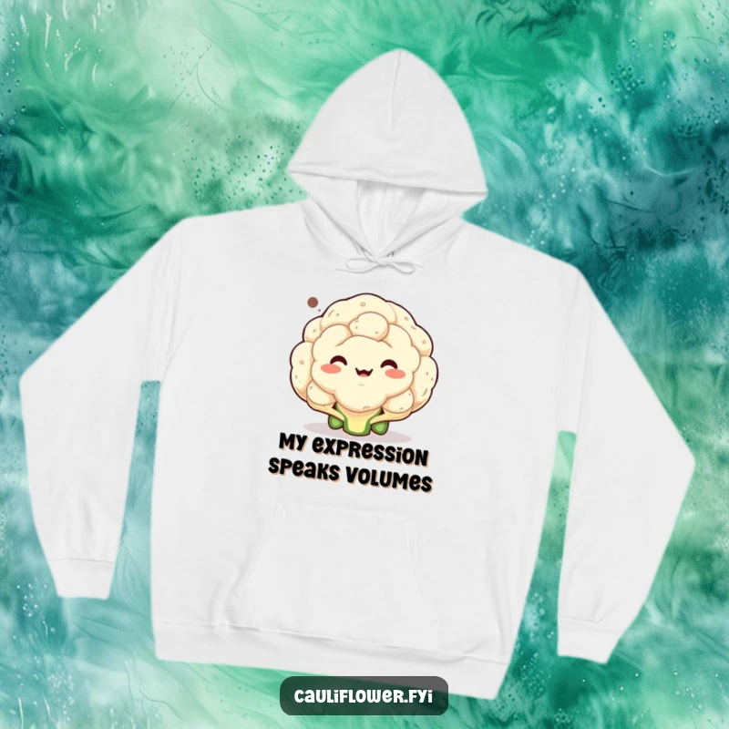 Funny hoodie with a cauliflower making a comically exaggerated facial expression within a speech bubble, perfect for cozy laughs.