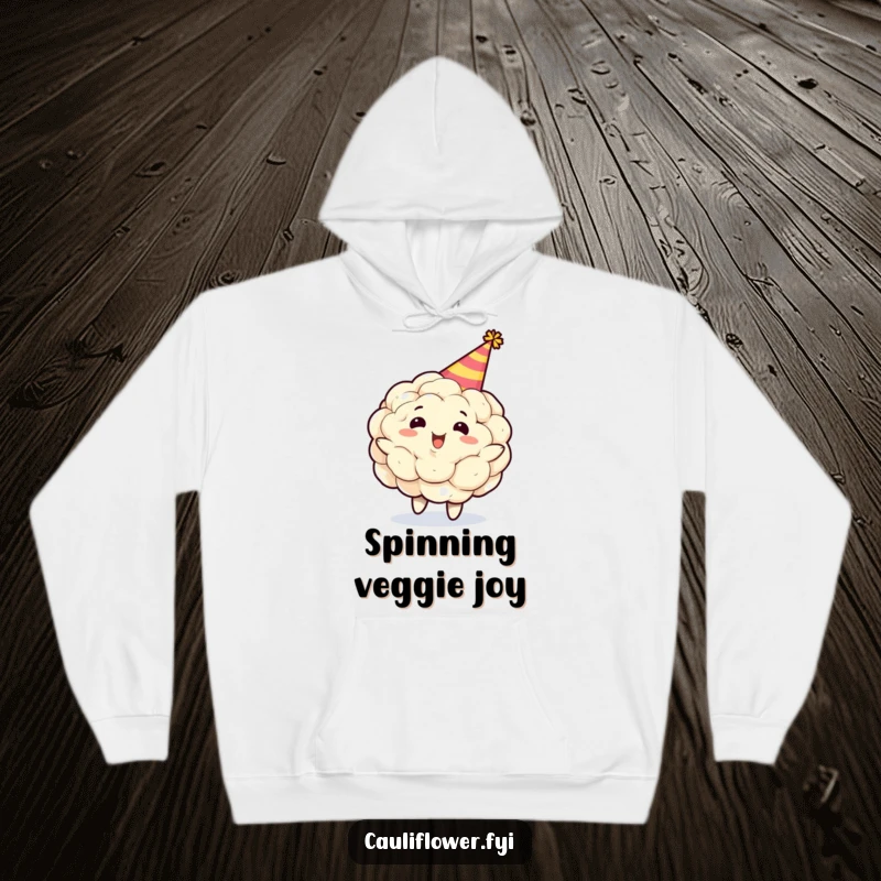 Funny Cauliflower character wearing a party hat, spinning gleefully on a hoodie, radiating pure joy and festive energy, inviting smiles.