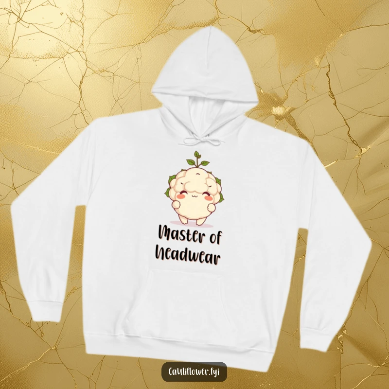 Funny hoodie of a happy cauliflower balancing a tiny sprout on its head, radiating cute and funny vibes.