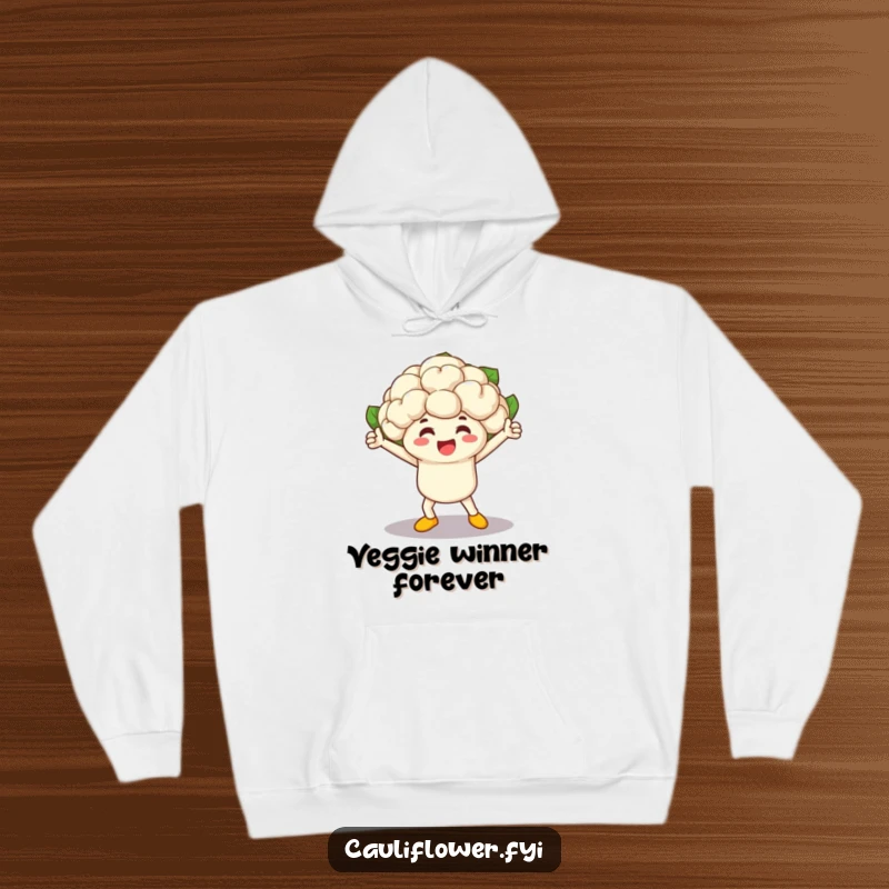 Funny cauliflower champion striking a victorious pose on a warm hoodie, celebrating a win in a vegetable race with glee.
