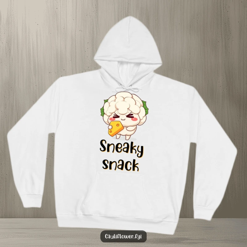 Funny Hoodie featuring a mischievous kawaii cauliflower character winking while clutching a tasty slice of cheese, offering cozy amusement.