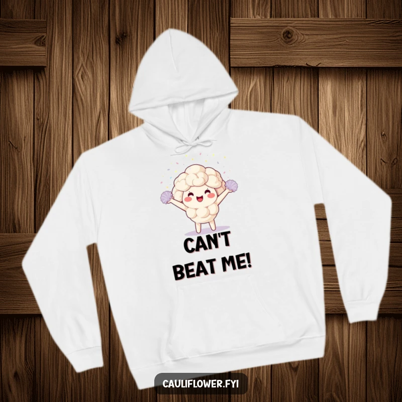 Funny Hoodie featuring a kawaii cauliflower character celebrating with pom-poms and confetti, offering warm, humorous comfort.