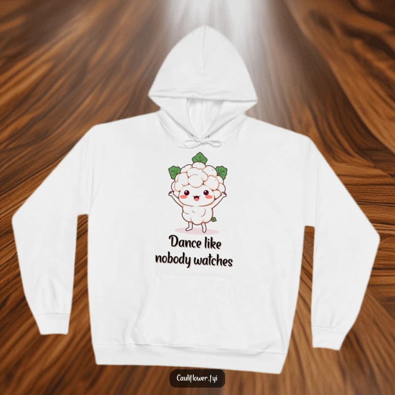 Funny Kawaii cauliflower character busting out a silly dance routine, florets in motion, printed on a cozy, warm hoodie.