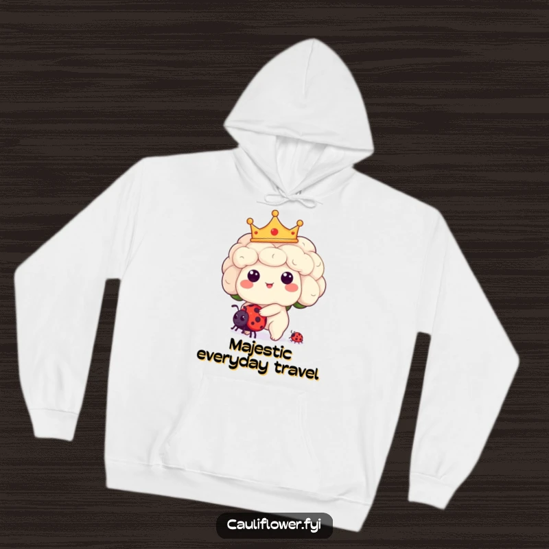Funny Kawaii cauliflower character wearing a crown and riding a ladybug on a comfortable and humorous hoodie.
