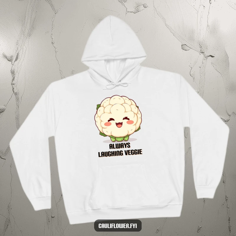 Funny hoodie with a kawaii cauliflower sporting exaggerated laughter lines, offering cozy comfort and radiating pure, infectious joy.