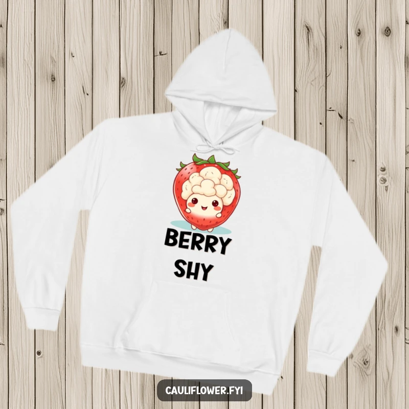 Funny Kawaii Cauliflower Hoodie: A warm sweatshirt showing a cauliflower character peeking from behind a massive, smiling strawberry, creating a charmingly humorous image.